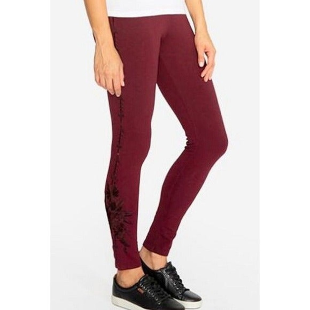 Johnny Was Darielle Tonal Leggings Burgundy Merlot Embroidered Hem XS NWT